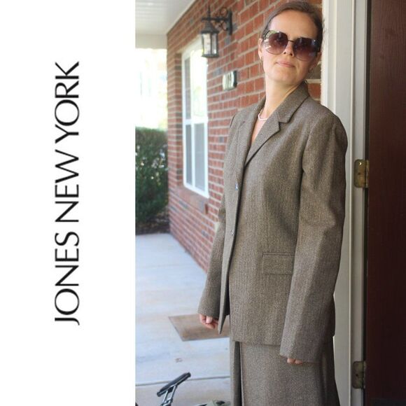 JONES NEW YORK 2PC Brown Wool‎ Blend Notch Collar Skirt Suit Size 6 - Picture 16 of 16